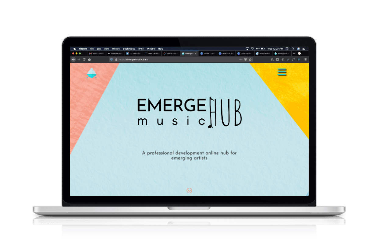 laptop with Emerge Music Hub open on browser.